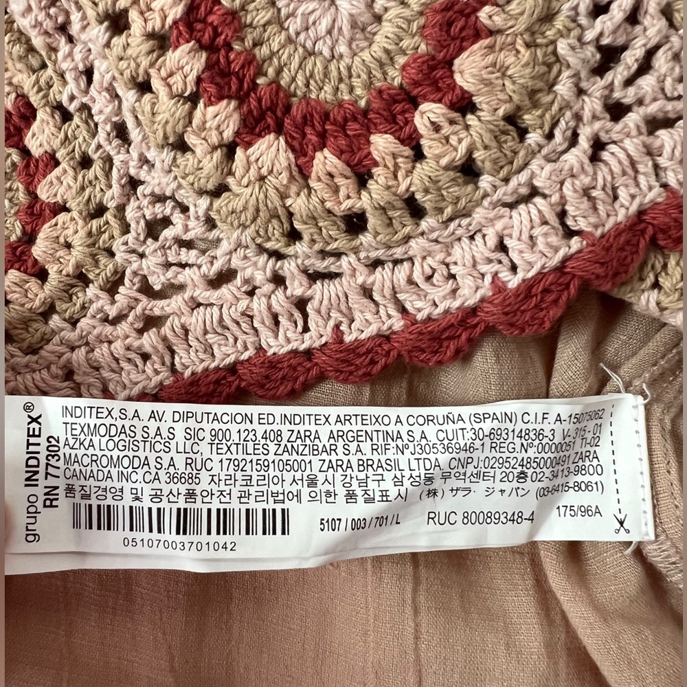 Zara Boho Bohemian Crochet Detail Top Tan Beige linen blend L - Picture 11 of 14